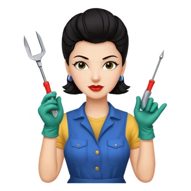 I like it! Can you make her dark haired? Rockabilly vibes are good. I like the third one and last most. Could you leave the screwdrivers? She's more like the organised one. Perhaps give her washing gloves or something. Or gardening gloves. sticker