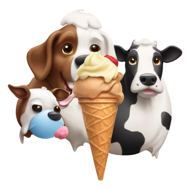 Dog eating ice cream with a cow sticker