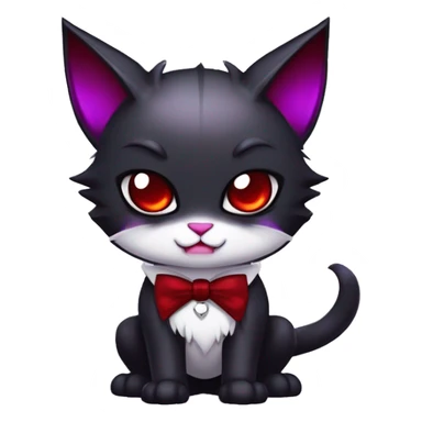 Cute-Evil-Vampiric-Batty-Cat-Black-Purple-Red-White-Contrast-Colors-Fantasy-Fur-Sona-Chibi-Shiny-Fakémon-Hybrid with horns and big fangs neck bow white tie leg spats full body sticker