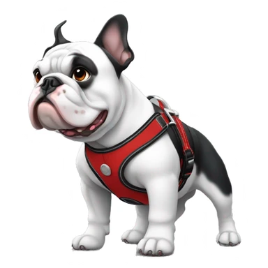 Black and white frrnch bulldog with red and black harness sticker