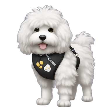 side profile of fluffy black with white paws doodle on a leash going for a walk sticker