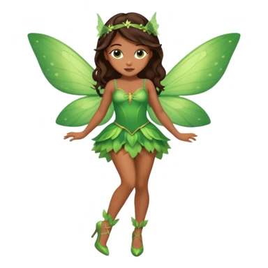 Pretty girl with caramel skin. Dark brown hair and brown eyes. She has freckles. Wearing sexy makeup. Wearing a green fairy costume and heels and flying sticker