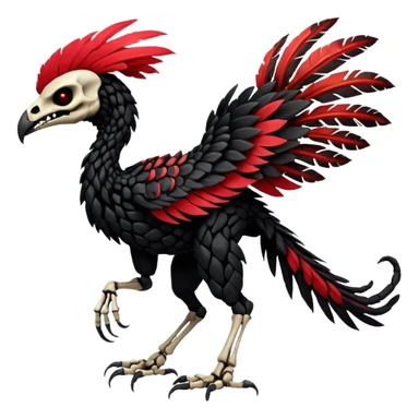 Rare realistic dark edgy tropical tribal patterned red-feathered skeletal badass epic handsome gorgeous aesthetic colorful vibrant black-skulled Vernid-Trico-species-Fakemon-creature by LiLaiRa, 4 legs, 1 tail, random markings, (full body) sticker