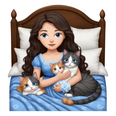 detailed realistic looking a dark grey and white cat regally laying with six other cats, cuddling with their owner in bed who is a pretty bratz lightly tanned white girl with long dark brown hair, blue eyes and gorgeous long wavy hair wearing a pretty detailed dress sticker