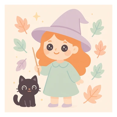 a ginger witch with a black cat familiar, holding a wand, surrounded by autumn leaves, cute and whimsical style sticker