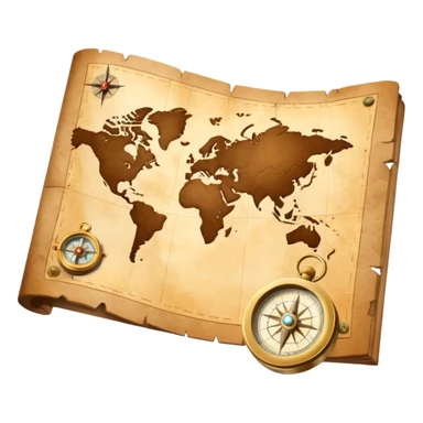 3D Brown golden map with Travel compass pointing to adventure sticker