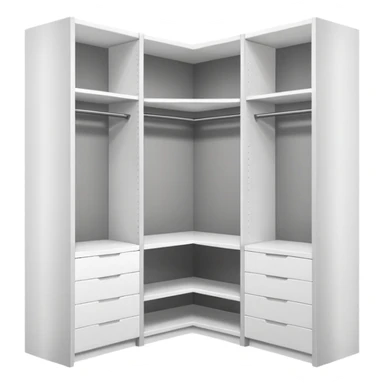 Glossy white PVC corner closet with L-shaped design, fitted into a sharp room corner. Clean, simple shelves and smooth panels with subtle shadows to show depth. Minimalist look with modern vibes, no handles or textures, emoji-style with bright highlights and soft gray edges to define structure. sticker