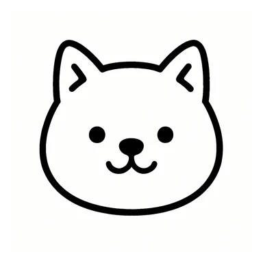 Minimalist kawaii line art of a Shiba Inu dog's head: large, round head, perky triangular ears, very simple face with two dot eyes, tiny round nose, upside-down 'Y' mouth. Thick, bold, clean black lines on white background, symmetrical, calm and sweet expression. No color or shading, just black linework. Slightly hand-drawn but polished, child-friendly. sticker