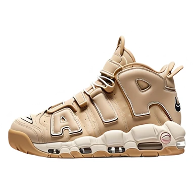 Minimalist beige Nike Air More Uptempo sneakers with one sneaker positioned behind the other, clean simple design with AIR lettering sticker