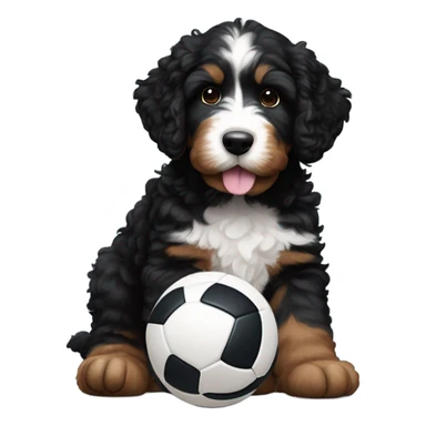 Black bernedoodle puppy with brown legs with volleyball under front paw  sticker