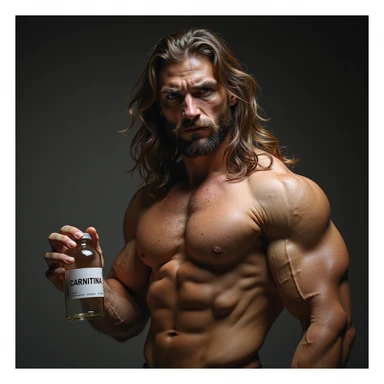 bodybuilder with long hair, hyperrealistic, holding a vial with a label 'CARNITINA' in large block letters, 4k quality sticker