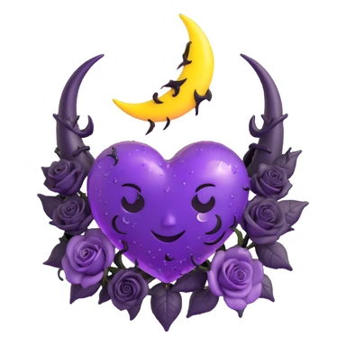 3D emoji gothic heart, purple glass, crescent moon, black roses, devil horns, shimmering stardust, lightning bolt effect, rain-soaked look, cracked glass texture sticker