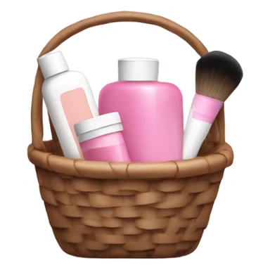 little brown basket with pink and white beauty products inside like shampoos and make up sticker