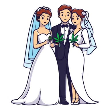 Bride in white dress and groom in tuxedo sharing a cannabis joint, cheerful cartoon wedding couple sticker