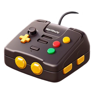 Clash of Clans aesthetic: Cinematic Playful Nintendo 64 Console Portrait Emoji, rendered in a 3D vector-style similar to standard emojis with minimal shading and bold, simplified shapes. A compact, distinct form with signature details, softly glowing with a nostalgic gaming charm. Simplified yet unmistakably iconic, highly detailed and consistent, glowing with a soft radiance and high shine. Stylized with a touch of retro gaming magic and a soft glowing outline, capturing the essence of a beloved gaming relic with a friendly, playful manner! sticker