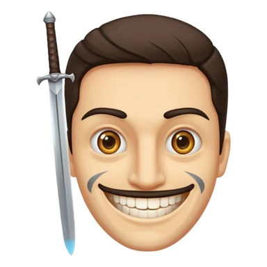 Haz que tenga una sonrisa epica una cicatriz en el ojo serrado y una espada entre los dientes y dos más a cada lado. sticker