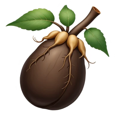 A realistic illustration of black ginseng root (heuksam) in the style of iPhone emoji: glossy dark brown-black color, smooth gradient shading, subtle texture details on the root surface, elegant natural curves, clean simple shapes, no outlines, slight 3D depth, high-quality digital illustration.
 sticker
