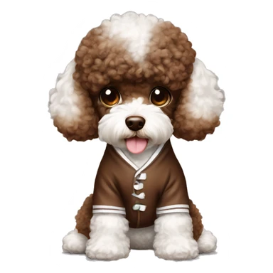 Chocolate brown and white toy poodle wearing pajamas sticker