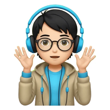Chibi Japanese boy with black hair and round glasses, big headphones, vibing hard to electronic music, strong beat pulse lines around him, neon glow, exaggerated cartoon style, streaming emote. sticker