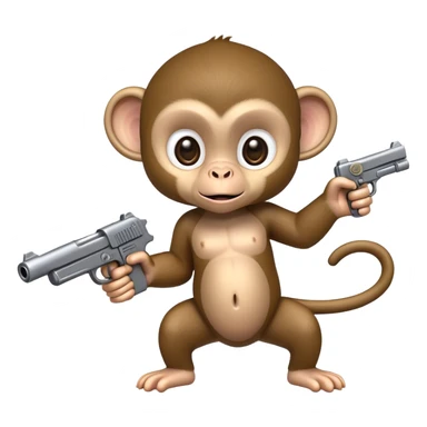 Forward perspective of a baby monkey holding a fake gun. The fake gun is horizontal and pointed straight forward  sticker