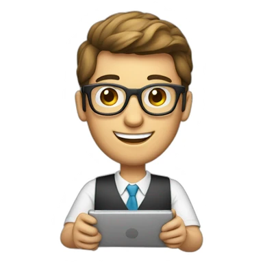 male virtual assistant with a smiling  holding a digital tablet or stylus wearing eye glasses sticker