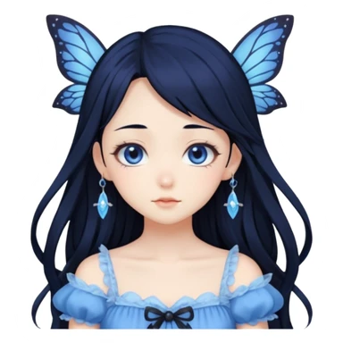 Gothic anime fairy with long beautiful black hair and blue dress, pastelcore, sticker