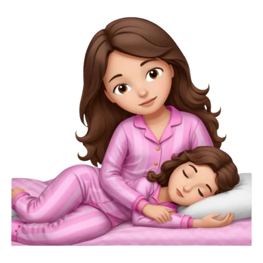 Brunette girl with long wavy brown hair with brown eyes and sleeping on a withe bed with cute pink pjs sticker