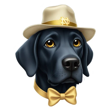 Black Labrador wearing a notre dame hat sticker