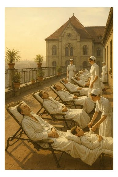 A realistic, historical cinematic illustration of a hospital rooftop solarium from the early 1900s, with patients in white robes and blankets lying on lounge chairs under the sun, receiving heliotherapy. Nurses in classic white uniforms and caps assist quietly, while the warm sunlight bathes the scene. The architecture is vintage, with iron railings, potted plants, and the backdrop of an old European hospital building. The atmosphere is calm and healing, showing patients with tuberculosis, rickets, and malnutrition benefiting from the sun’s rays to stimulate vitamin D production. The color palette is warm, with soft yellows and gentle sunlight, evoking a sense of hope and natural healing, reminiscent of historical black-and-white photographs with subtle colorization for realism sticker