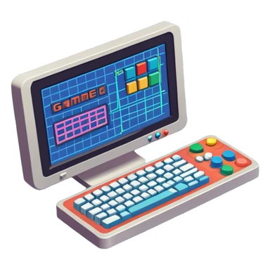 Professional icon for Game Design: a computer screen with a game interface, 3D models, pixel art, wireframe, and design tools like a grid and stylus. Gamepad. The icon should represent the technical and creative aspects of game development. Transparent background. sticker
