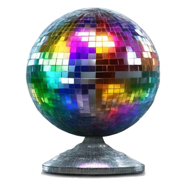 A glittering silver disco ball with detailed mirrored panels reflecting rainbow colours. Add beams of light radiating outward against a dark background.   sticker