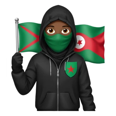 fait une personne habiller tout en noir avec une veste et une capuche et une cagoule qui tient un drapeua d'algerie dans sa main droite sticker