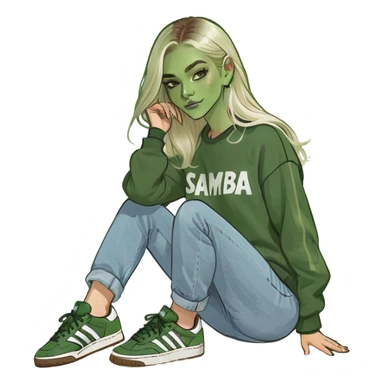 Girl with very long whitish blonde highlighted hair parted down the middle wearing denim jeans and adidas samba og sneakers with a brown sweatshirt sticker