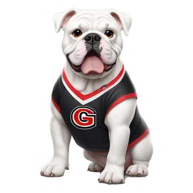 White English bulldog wearing a Georgia jersey sticker