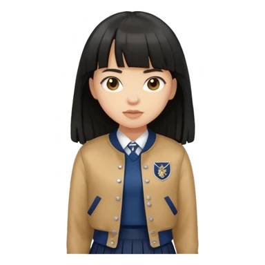 hair : black long hair with fringe 
skin : light 
cloth : brown varsity jacket + navy long long school girl skirt 


 sticker