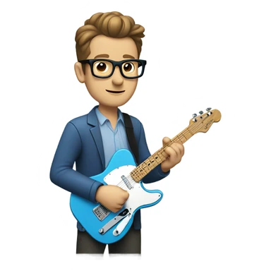 A nerdy white guy with glasses with short brown hair with a small quiff playing a blue classic telescaster sticker
