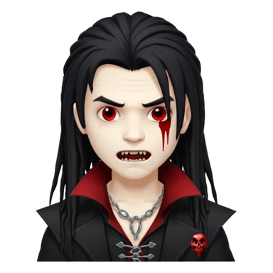 Boy, vampire, black long hair similar to dreadlocks, bloody fangs, emo sticker