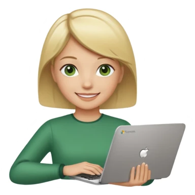 short blonde hair teacher green eyes woman happy holding chromebook sticker