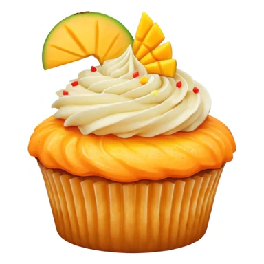 Orange frosted cupcake with mango slice on top sticker