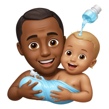 Sean “Diddy” Combs with baby oil and a very small infant and he’s pouring the baby oil on the infant that is laughing with a very exaggerated expression sticker