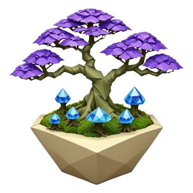 Futuristic wild glowing et alien moss maples Bonsai hair-fine-leaf group multi faceted crystal boxwood purple and cream rose blue informal rocky cliffhanger eight trees forest planting in shallow origami slab style pot with big anthropomorphic feet  sticker