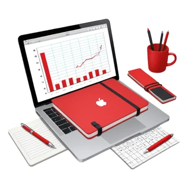top view of a MacBook and a notebook with a pen nearby, notebook pages filled with handwritten bar charts, red notebook sticker