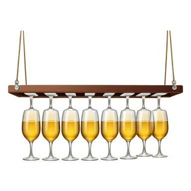 A row of hanging wine glasses upside-down under a yellow light shelf
 sticker