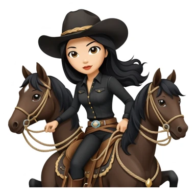 confident Asian woman with long black hair wearing black outfit riding a horse cowgirl style with a lasso sticker
