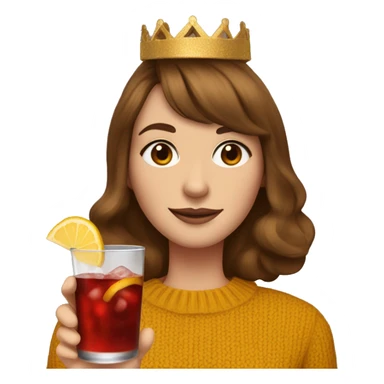 White English woman with long brown hair and face framing layered bangs dressed in a mustard yellow sweater with birthday crown and negroni in hand sticker