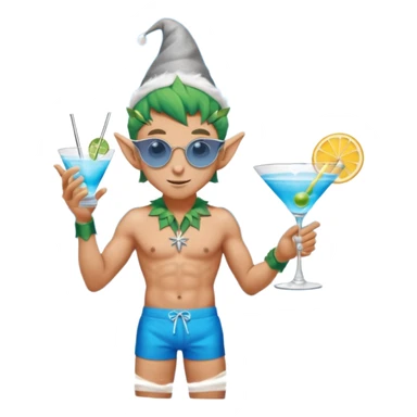 elf male in stylish blue swim trunks, palm extended over cocktail glass, conjuring swirling frost and mist to chill it, silver aviator sunglasses, pointy ears, confident smirk, minimalist beach bar backdrop, centered emoji, summer magic sticker