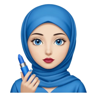 Turkish beautiful finish Konya girl blue eyes with blue hijab islamic dress and had on her hand blue ysl lipstick and hold it sticker