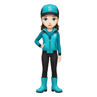 A landscaper in a beautiful turquoise jacket, turquoise rubber boots, and black pants. Over the turquoise jacket, she wears a black sleeveless vest. On her head, she wears a black Swissotel baseball cap. The girl is a brunette with blue eyes. sticker