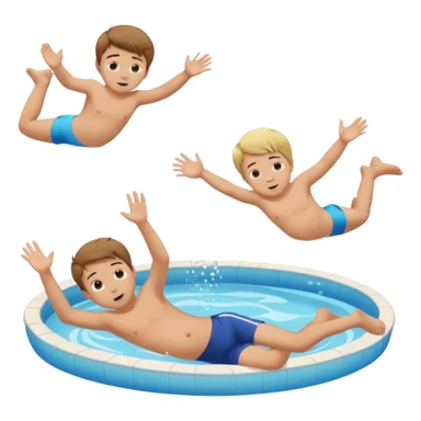 Two blond boys, the third boy with brown hair and a little baby girl with braun hair doing a belly flop in to a pool full of water. Show the pool sticker