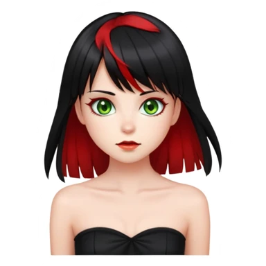 Girl. Green hazel eyes. Black hair with red long bangs and red perk-a-boo underlights. Medium long hair. black strapless crop top. Skinny face. sticker